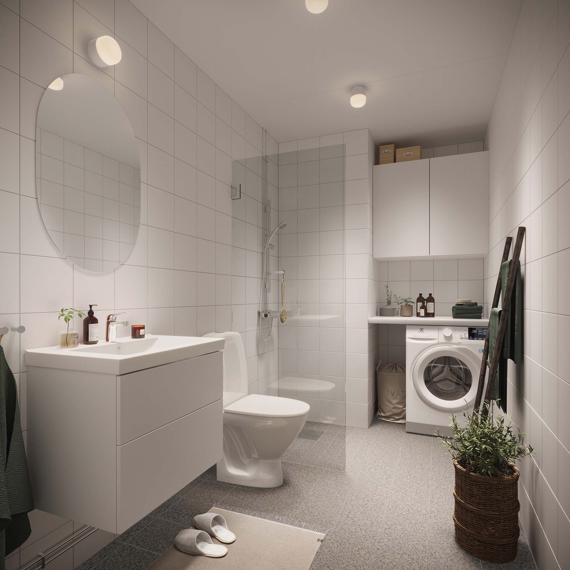 Bathroom with in-unit laundry at Karlavagnen, Skellefteå Tiled bathroom with walk-in shower, vanity mirror and washing machine in a Guestly Homes apartment at Karlavagnen, Skellefteå