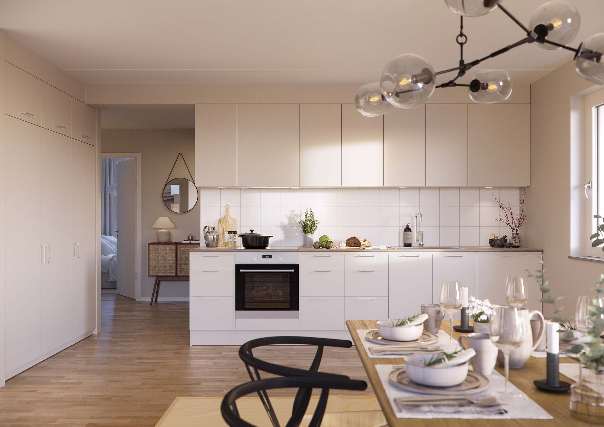 New kitchen in a 4-room serviced apartment at Karlavagnen, Skellefteå New kitchen with white cabinetry, oven and dining table in a 4-room Guestly Homes apartment at Karlavagnen, Skellefteå